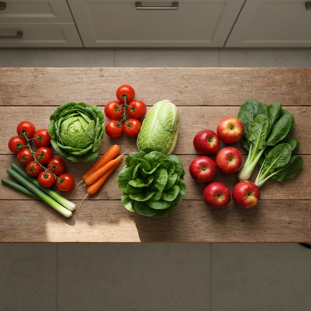 Tuoreita vihanneksia ja hedelmiä pöydällä