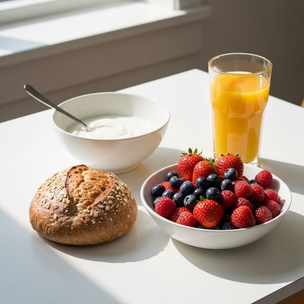 Monipuolinen aamiaispöytä